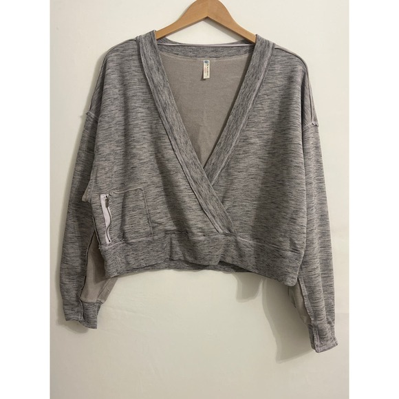 Free People Tops - NWOT Free People Movement Cropped Deep V Crew Neck Light Pink Gray Sweatshirt